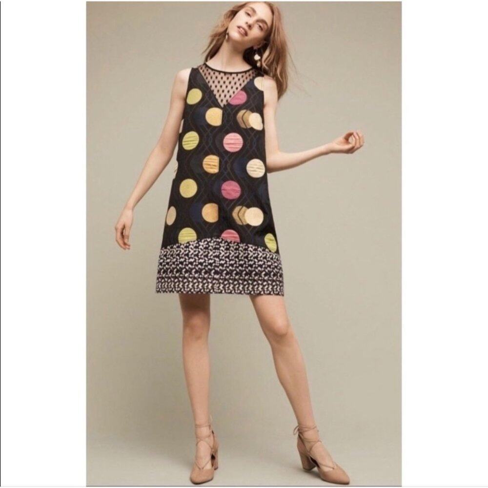 Anthropologie Maeve Tilde Jacquard Mixed Media Polka Dot Sheath Dress XS Twee